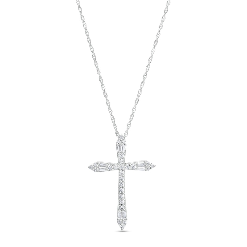 Main Image 1 of 1/4 CT. T.W. Baguette and Round Diamond Cross Pendant in 10K White Gold