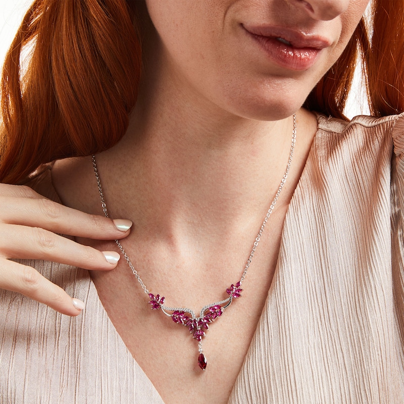 Main Image 2 of Marquise Lab-Created Ruby and White Lab-Created Sapphire Floral &quot;Y&quot; Necklace in Sterling Silver