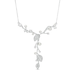 Freshwater Cultured Pearl and White Lab-Created Sapphire Vine &quot;Y&quot; Necklace in Sterling Silver