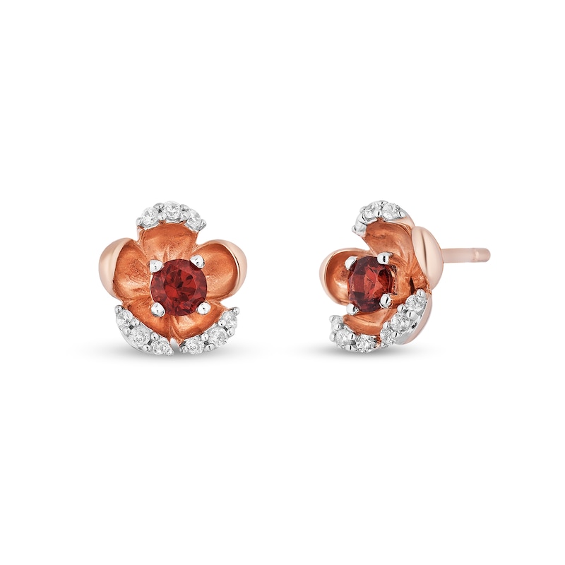 Main Image 1 of Enchanted Disney Snow White 3.0mm Garnet and 1/10 CT. T.W. Diamond Flower Stud Earrings in 10K Rose Gold