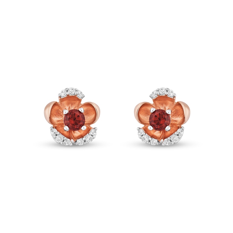 Main Image 2 of Enchanted Disney Snow White 3.0mm Garnet and 1/10 CT. T.W. Diamond Flower Stud Earrings in 10K Rose Gold