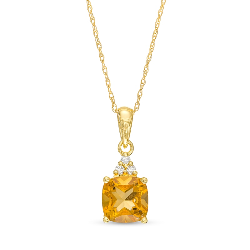 Main Image 1 of 7.0mm Cushion-Cut Citrine and 1/20 CT. T.W. Diamond Tri-Top Drop Pendant in 10K Gold