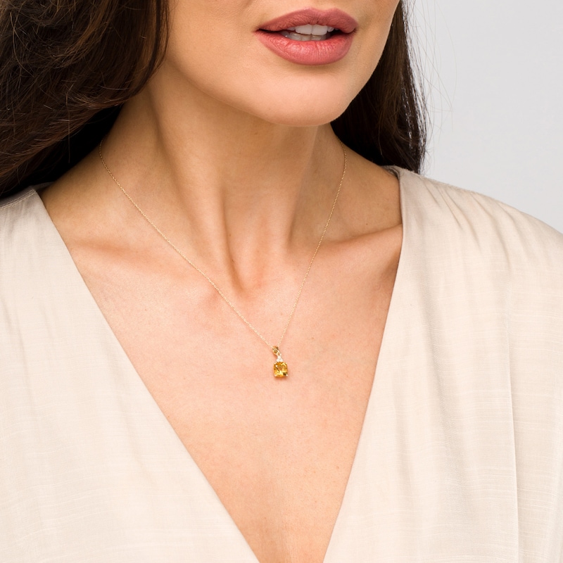 Main Image 2 of 7.0mm Cushion-Cut Citrine and 1/20 CT. T.W. Diamond Tri-Top Drop Pendant in 10K Gold