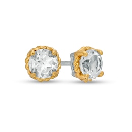 6.0mm White Topaz Solitaire Rope-Textured Frame Stud Earrings in Sterling Silver and 10K Gold