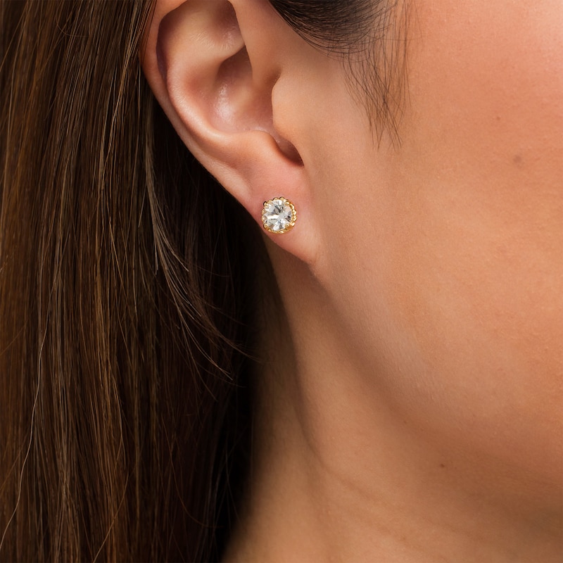 Main Image 2 of 6.0mm White Topaz Solitaire Rope-Textured Frame Stud Earrings in Sterling Silver and 10K Gold