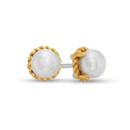 6.0-6.5mm Button Freshwater Cultured Pearl Rope-Textured Frame Stud Earrings in Sterling Silver and 10K Gold