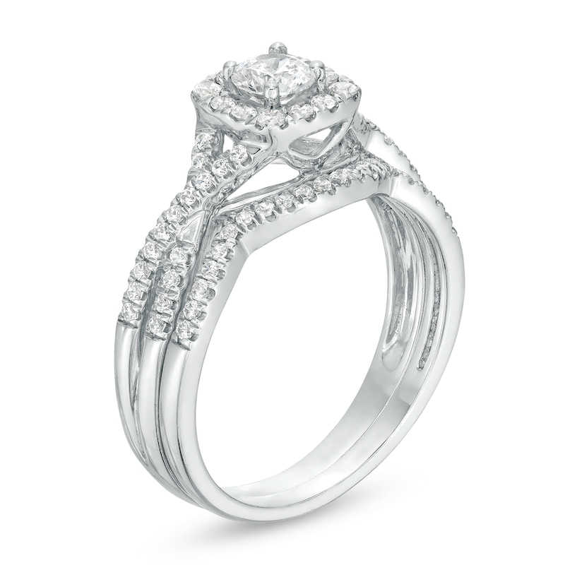 Main Image 3 of 3/4 CT. T.W. Certified Diamond Cushion-Shaped Frame Twist Shank Bridal Set in 14K White Gold (I/I2)