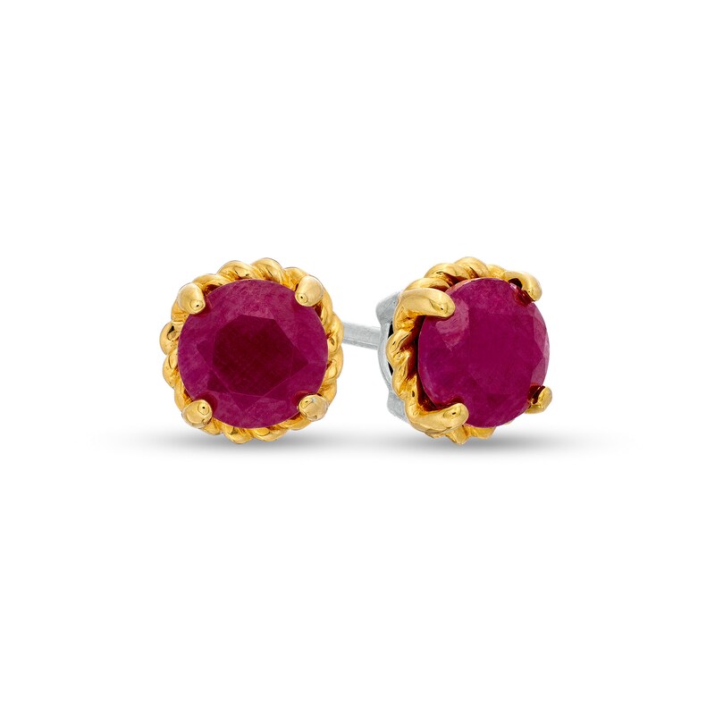 Main Image 1 of 6.0mm Ruby Solitaire Rope-Textured Frame Stud Earrings in Sterling Silver and 10K Gold