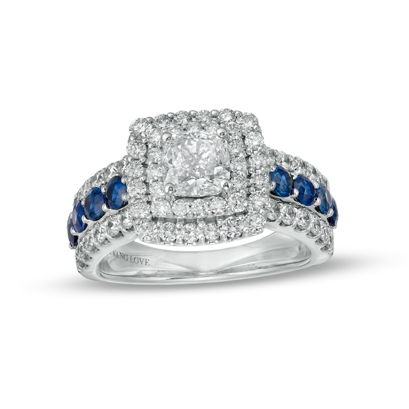 Main Image 1 of Vera Wang Love Collection 2 CT. T.W. Certified Lab-Created Diamond Engagement Ring with Blue Sapphires in 14K White Gold