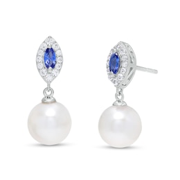 Freshwater Cultured Pearl and Marquise Ceylon Blue and White Lab-Created Sapphire Frame Drop Earrings in Sterling Silver