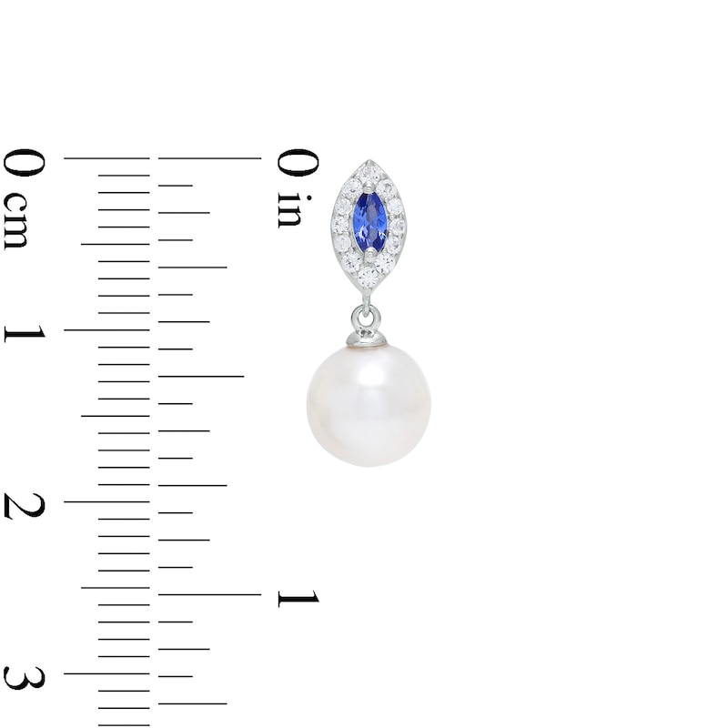 Main Image 3 of Freshwater Cultured Pearl and Marquise Ceylon Blue and White Lab-Created Sapphire Frame Drop Earrings in Sterling Silver