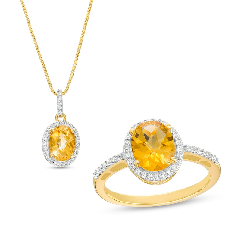 Main Image 1 of Oval Citrine and White Lab-Created Sapphire Frame Drop Pendant and Ring Set in Sterling Silver with 14K Gold Plate