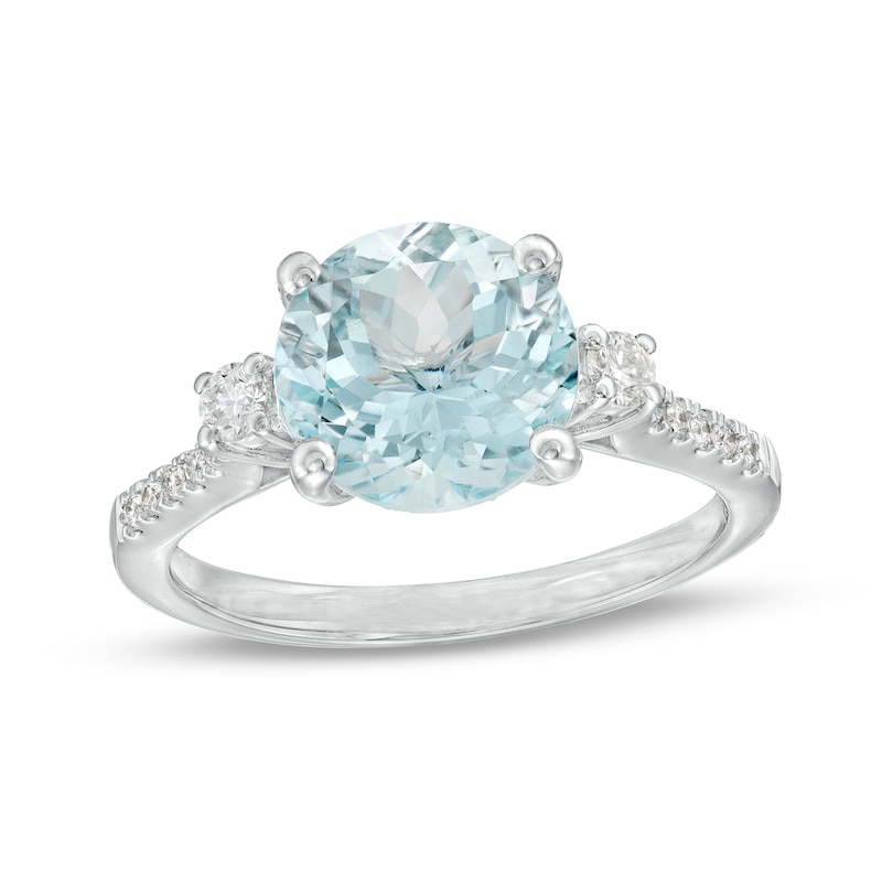 Main Image 1 of EFFY™ Collection 9.0mm Aquamarine and 1/5 CT. T.W. Diamond Collar Ring in 14K White Gold