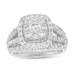 2 CT. T.W. Cushion-Shaped Multi-Diamond Frame Split Shank Engagement Ring in 10K White Gold