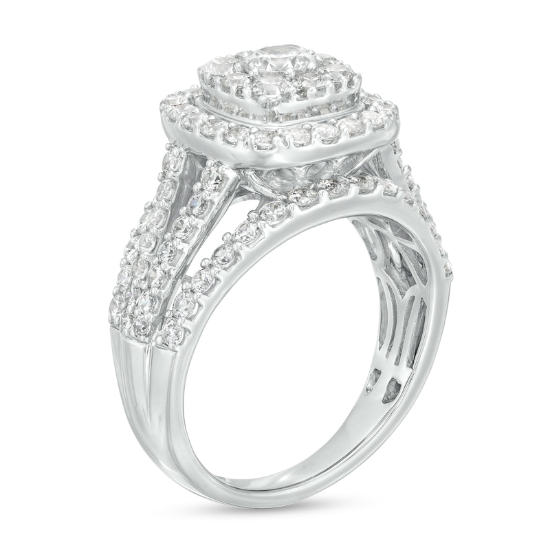 Main Image 3 of 2 CT. T.W. Cushion-Shaped Multi-Diamond Frame Split Shank Engagement Ring in 10K White Gold