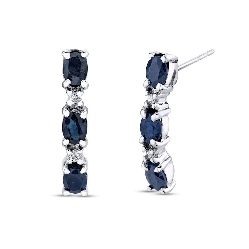 Oval Blue Sapphire and 1/20 CT. T.W. Diamond Three Stone J-Hoop Earrings in 14K White Gold