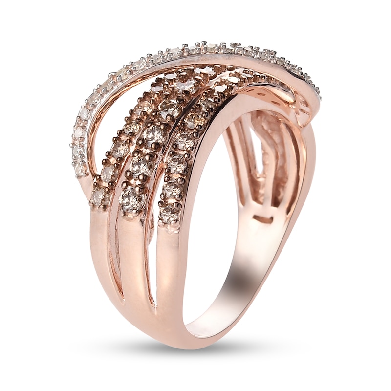 Main Image 2 of 3/4 CT. T.W. Champagne and White Diamond Ribbon Overlay Triple Row Band in Sterling Silver with 18K Rose Gold Plate