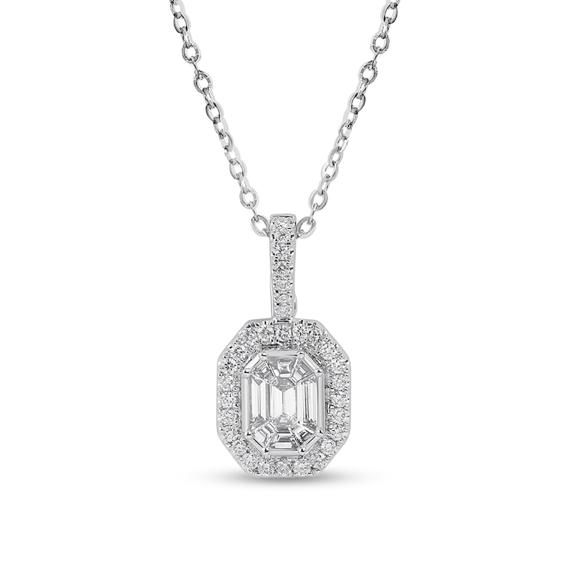 Main Image 1 of 3/4 CT. T.W. Emerald-Cut Multi-Diamond Octagonal Frame Drop Pendant in 14K White Gold