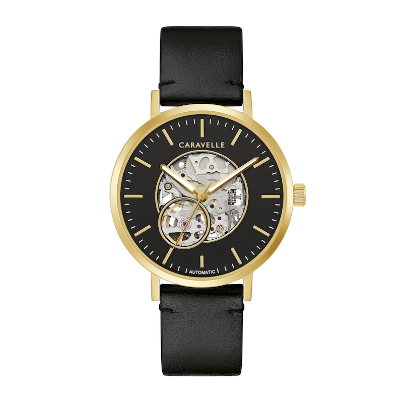 Men's Caravelle by Bulova Automatic Gold-Tone Strap Watch with Black Skeleton Dial (Model: 44A121)