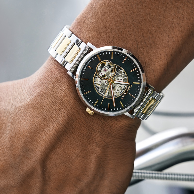 Main Image 4 of Men's Caravelle by Bulova Automatic Two-Tone Watch with Black Skeleton Dial (Model: 45A152)