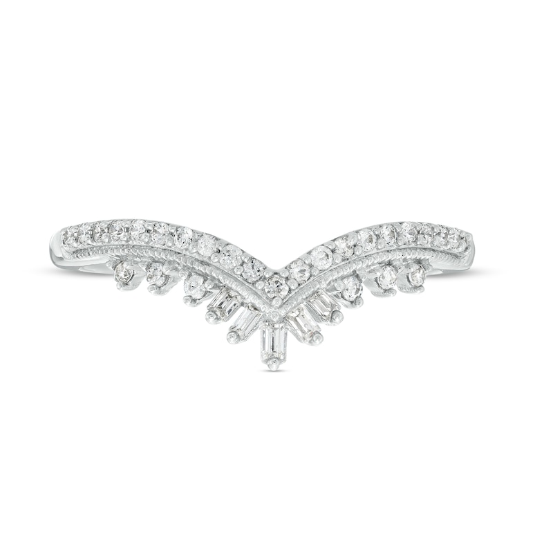 Main Image 4 of 1/5 CT. T.W. Baguette and Round Diamond Vintage-Style Contour Anniversary Band in 14K White Gold