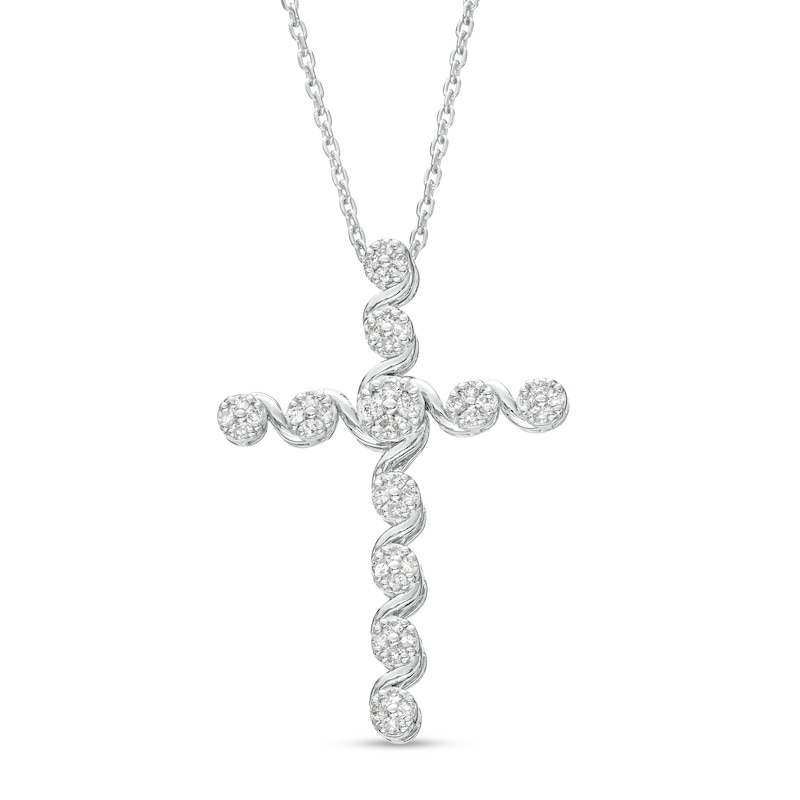 Main Image 1 of 1/4 CT. T.W. Diamond Swirl Cross Pendant in Sterling Silver