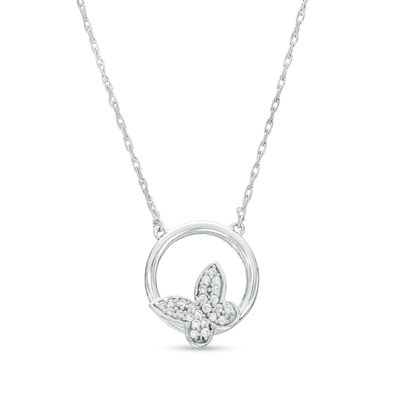 Main Image 1 of 1/10 CT. T.W. Diamond Circle Outline Butterfly Necklace in Sterling Silver