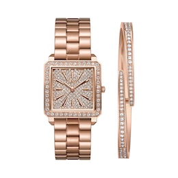 Ladies' JBW Cristal Square 1/8 CT. T.W. Diamond and Crystal Accent 18K Rose GP Watch and Bangle Set (Model: J6387-SetB)
