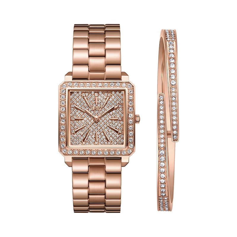 Main Image 1 of Ladies' JBW Cristal Square 1/8 CT. T.W. Diamond and Crystal Accent 18K Rose GP Watch and Bangle Set (Model: J6387-SetB)