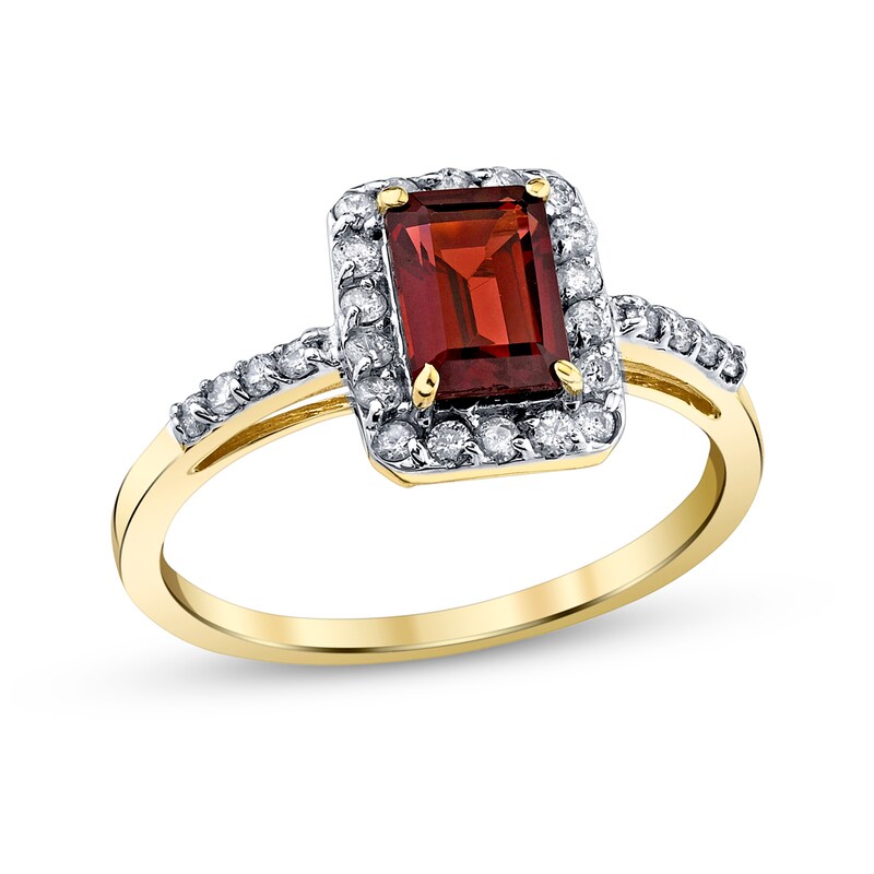 Main Image 1 of Emerald-Cut Garnet and 1/4 CT. T.W. Diamond Frame Ring in 14K Gold