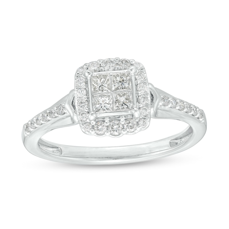 Main Image 1 of 1/2 CT. T.W. Quad Princess-Cut Diamond Cushion-Shaped Frame Engagement Ring in 10K White Gold (I/I2)