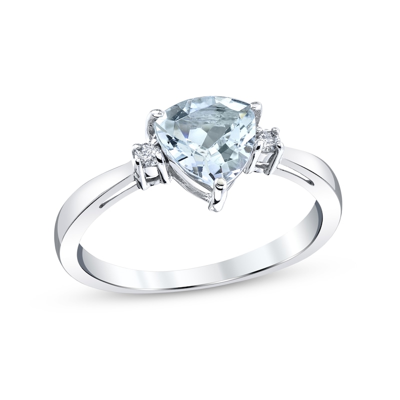 7.0mm Trillion-Cut Aquamarine and 1/20 CT. T.W. Diamond Side Accent Ring in 14K White Gold
