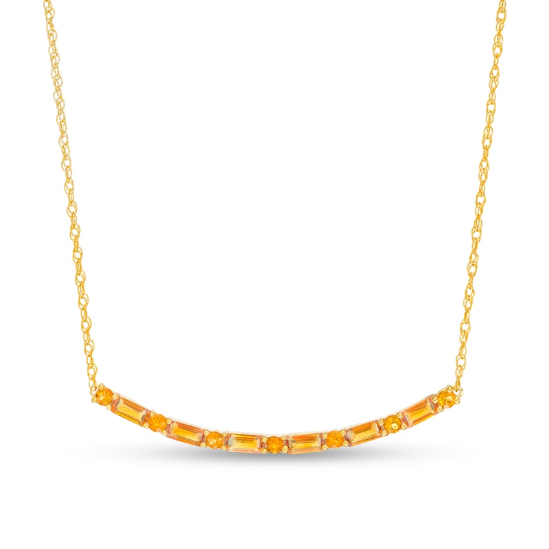 Main Image 1 of Alternating Baguette and Round Citrine Curved Bar Necklace in Sterling Silver with 14K Gold Plate