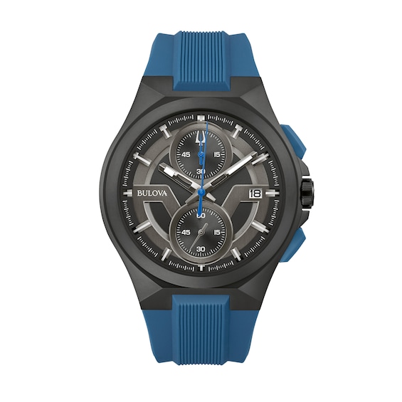 Men's Bulova Maquina Black IP Chronograph Blue Strap Watch With Black Dial (Model: 98B380)