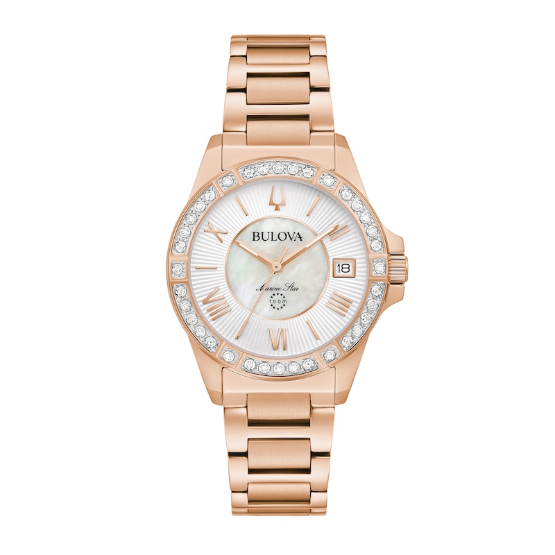 Main Image 1 of Ladies' Bulova Marine Star 1/10 CT. T.W. Diamond Rose-Tone Watch with Mother-of-Pearl Dial (Model: 98R295)