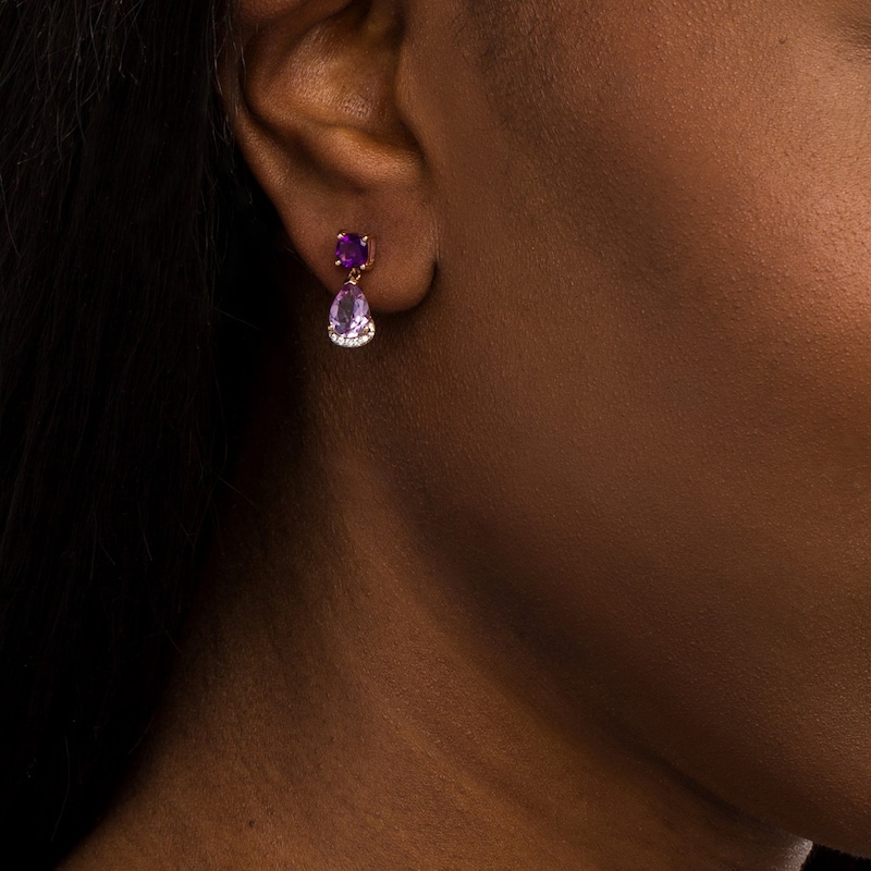 Main Image 2 of Pear-Shaped Pink Quartz, Cushion-Cut Amethyst and White Lab-Created Sapphire Double Drop Earrings in 10K Rose Gold