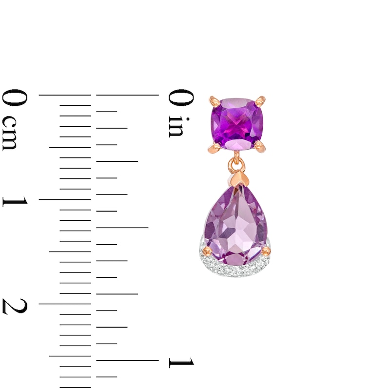 Main Image 3 of Pear-Shaped Pink Quartz, Cushion-Cut Amethyst and White Lab-Created Sapphire Double Drop Earrings in 10K Rose Gold