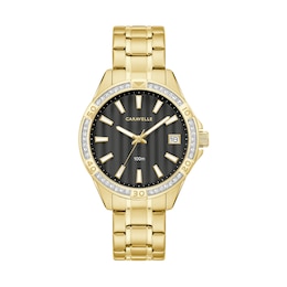 Ladies' Caravelle by Bulova Aqualuxx Crystal Accent Gold-Tone Watch with Black Dial (Model: 44M116)