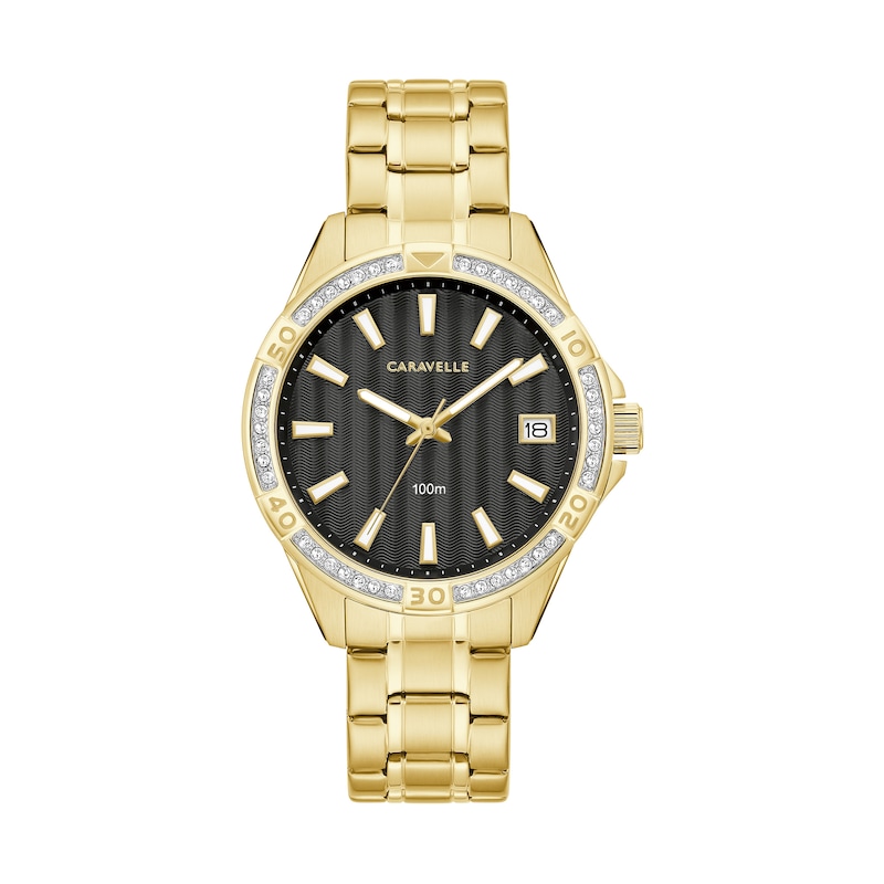 Main Image 1 of Ladies' Caravelle by Bulova Aqualuxx Crystal Accent Gold-Tone Watch with Black Dial (Model: 44M116)