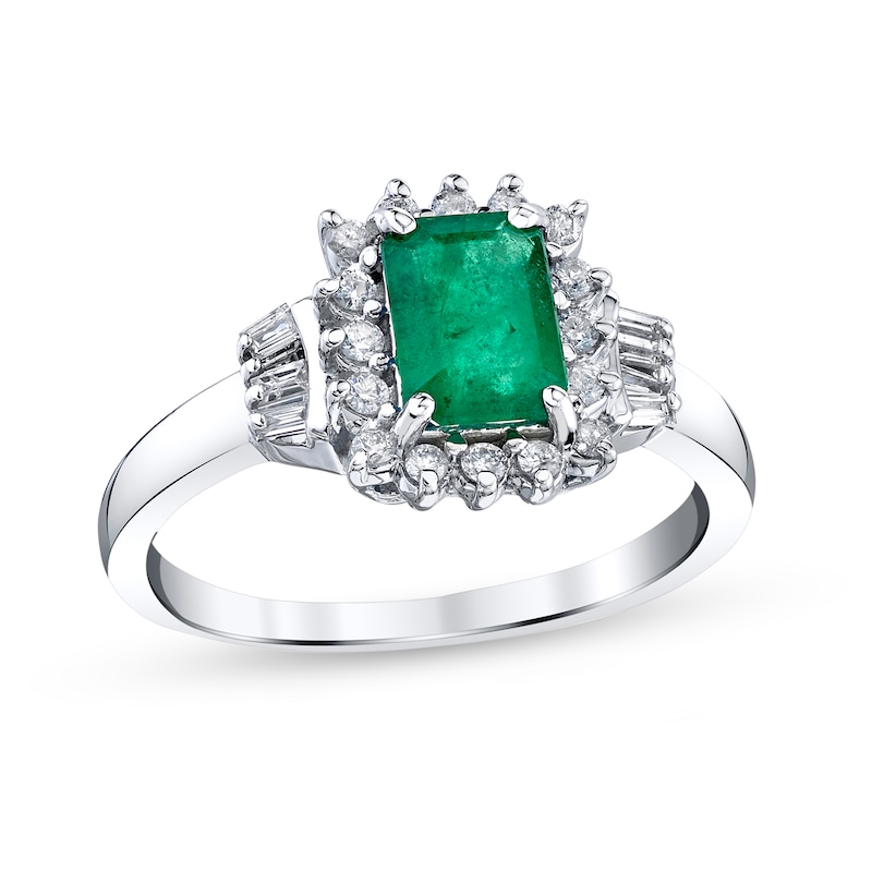 Main Image 1 of Emerald-Cut Emerald and 1/4 CT. T.W. Diamond Frame Ring in 14K White Gold