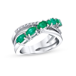Oval Emerald and 1/10 CT. T.W. Diamond Five Stone Orbit Ring in 14K White Gold