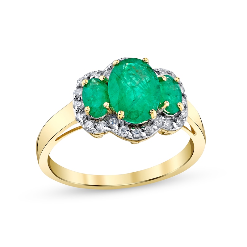 Oval Emerald and 1/4 CT. T.W. Diamond Frame Three Stone Ring in 14K ...