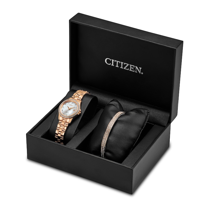 Main Image 1 of Ladies' Citizen Eco-Drive® Silhouette Crystal Accent Rose-Tone Watch and Bangle Bracelet Box Set (Model: EW1847-60Y)