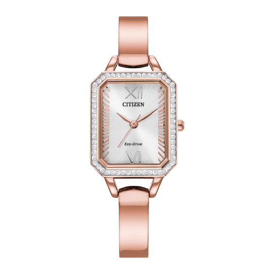 Ladies' Citizen Eco-DriveÂ® Silhouette Crystal Rose-Tone Bangle Watch with Rectangle Silver-Tone Dial (Model: EM0983-51A)