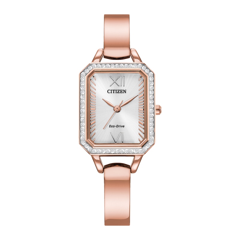 Main Image 1 of Ladies' Citizen Eco-Drive® Silhouette Crystal Rose-Tone Bangle Watch with Rectangle Silver-Tone Dial (Model: EM0983-51A)