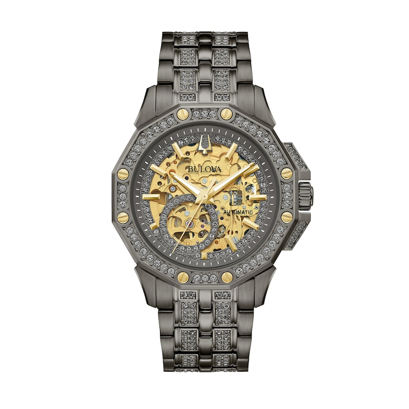 Main Image 1 of Men's Bulova Octava Crystal Accent Gunmetal Grey IP Automatic Watch with Grey Skeleton Dial (Model: 98A293)