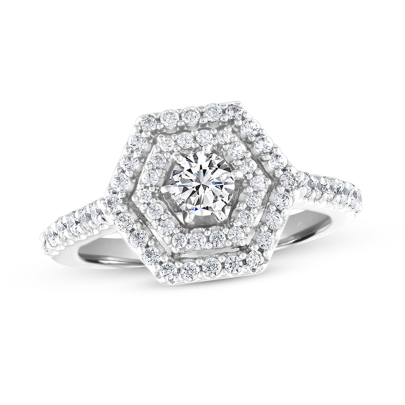 Main Image 1 of 7/8 CT. T.W. Diamond Double Hexagon Frame Engagement Ring in 14K White Gold