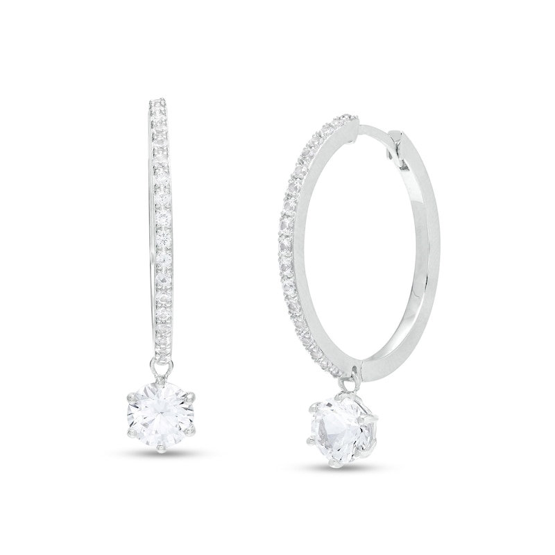 Main Image 1 of 6.5mm White Lab-Created Sapphire Dangle Lined Hoop Earrings in Sterling Silver