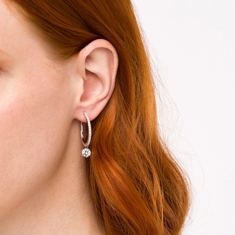 Main Image 2 of 6.5mm White Lab-Created Sapphire Dangle Lined Hoop Earrings in Sterling Silver