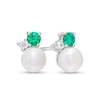 Thumbnail Image 1 of Freshwater Cultured Pearl, Lab-Created Emerald and White Sapphire Three Stone Stud Earrings in Sterling Silver